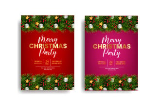 Christmas Party Flyer Or Poster Design With Pine Branch And Christmas Bal