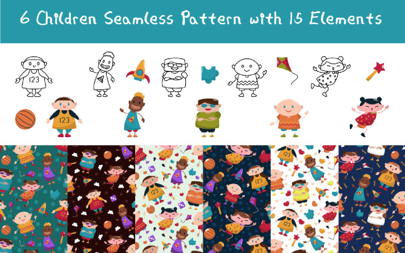 6 Children Seamless Pattern with 15 Elements Background