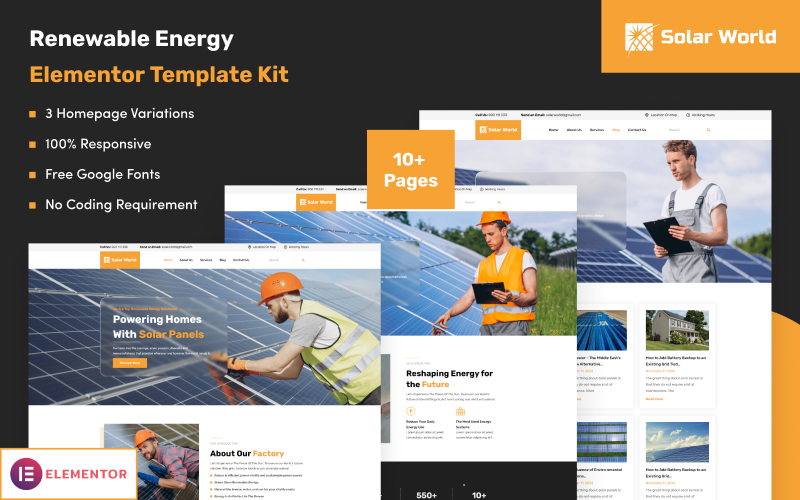Solar World - Renewable Energy Elementor Template Kit Elementor Kit