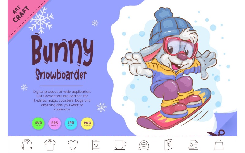Cartoon Bunny Snowboarder. Clipart Vector Graphic