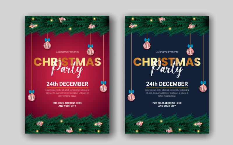 christmas party flyer or poster design template decoration with christmas ball and pine branch Illustration