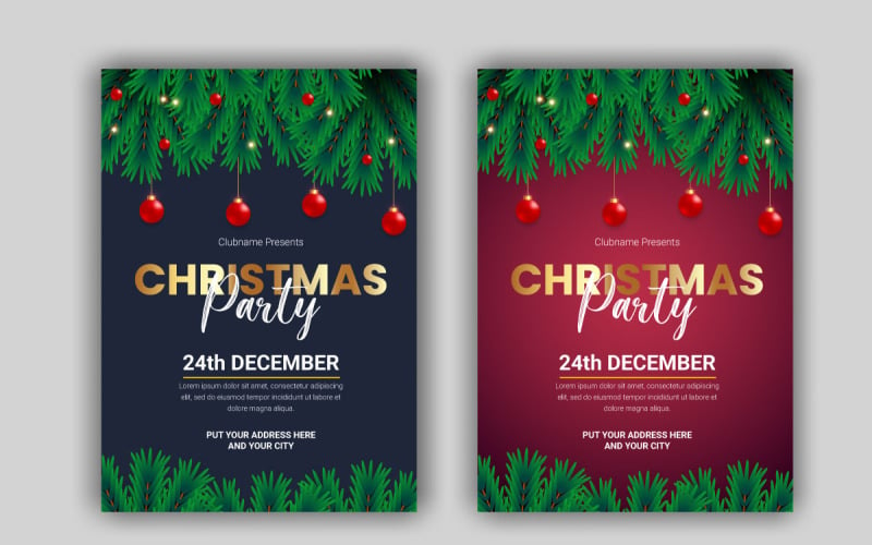 christmas party flyer or poster design template decoration with pine branch and christmas balls Illustration