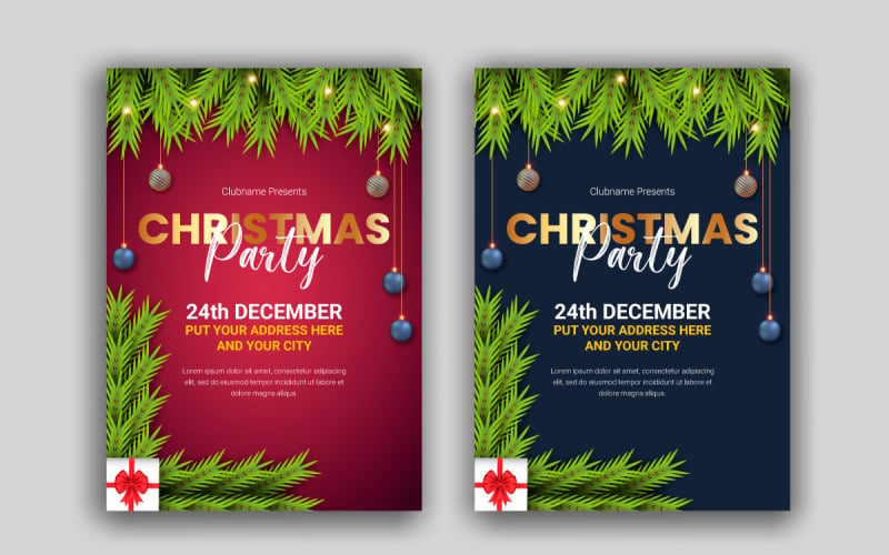 christmas party flyer or poster design template design decoration with pine branch Illustration