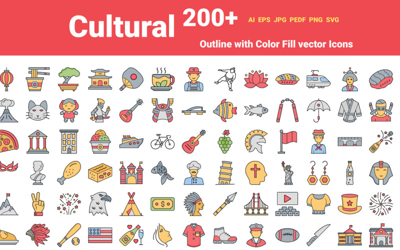 Cultural Icons pack | Chinese, Japanese American Culture | AI | EPS | SVG Icon Set