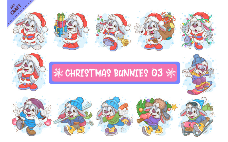 Bundle of Christmas Bunnies 03. Clipart. Vector Graphic