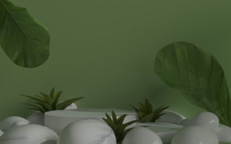 White podium with green tropical plants and rock background
