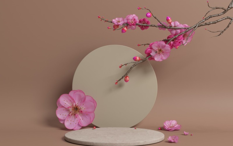 Circular marble podium with sakura branches pink flowers Product Mockup