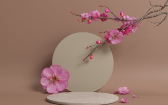 Circular marble podium with sakura branches pink flowers