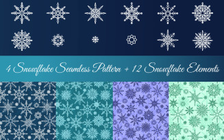 4 Snowflake Seamless Pattern + 12 Snowflake Elements