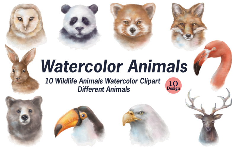 Watercolor Animal Portraits Clip Art Bundle Illustration