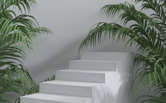 Abstract steps podium for product display with palm leaves