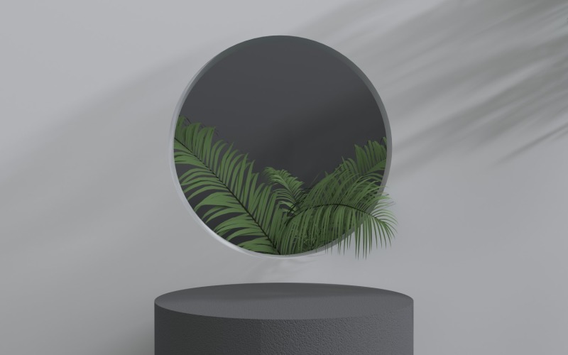 3D Rounded podium with circle window and Palm leaves inside Product Mockup