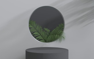 3D Rounded podium with circle window and Palm leaves inside