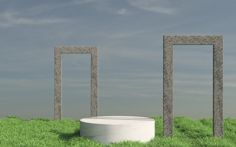 Marble podium backdrop with grass field & concrete arches Product Mockup