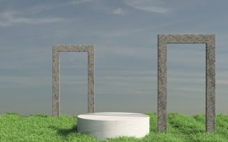 Marble podium backdrop with grass field & concrete arches
