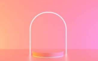 Pink podium with glowing neon light line in arch shape