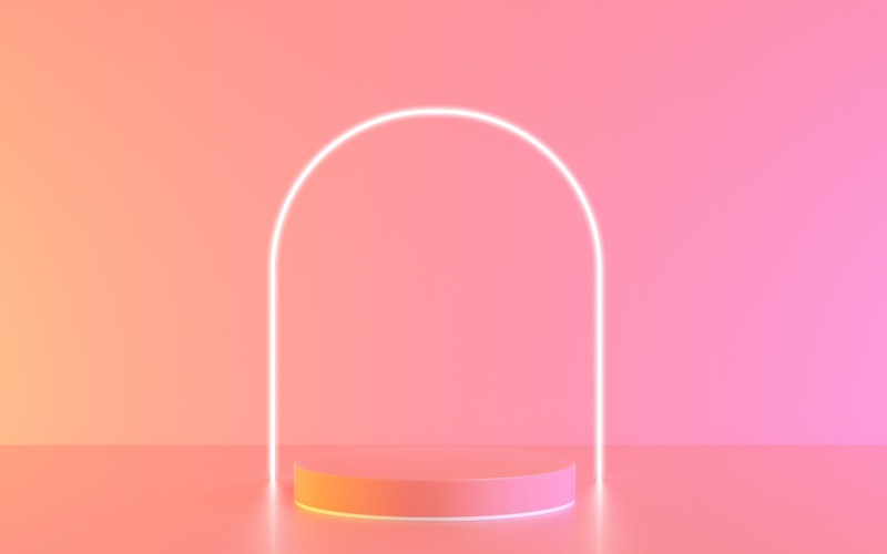 Pink podium with glowing neon light line in arch shape Product Mockup