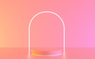 Pink podium with glowing neon light line in arch shape