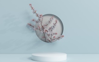 Podium with pink flower branches scene from round window