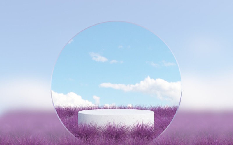 Podium with purple grass scene from the round glass window Product Mockup