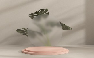 Product Podium display on blur glass with monstera leaves