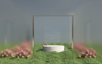 Product podium on natural grass with frost glass and blue sky