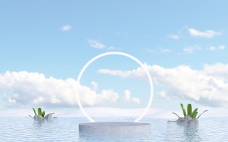 Product podium with a neon circle on the Water reflection