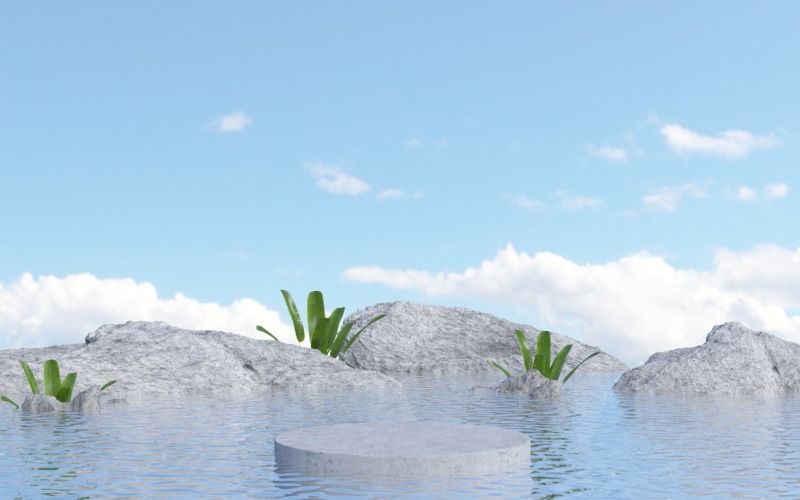 Product Podium with Stones & leaves on the water reflection Product Mockup