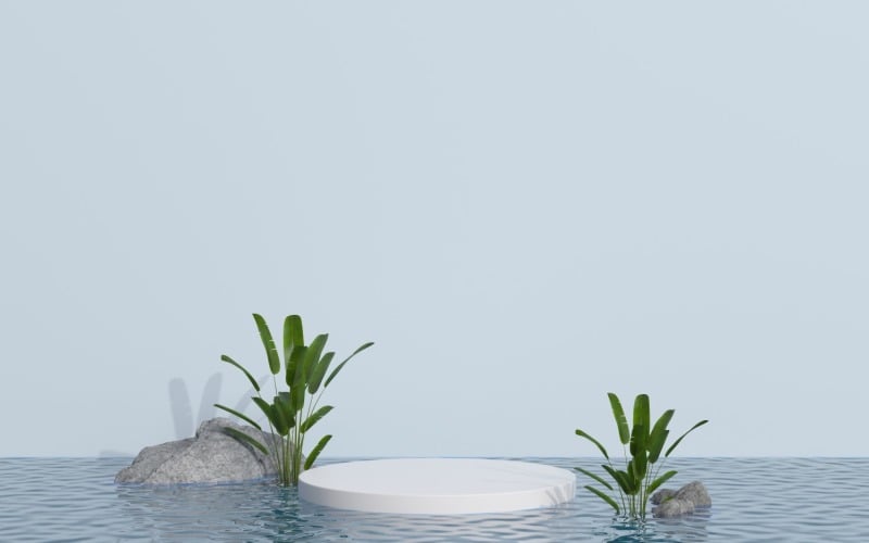 Product podium with tropical leaves on water reflection Product Mockup