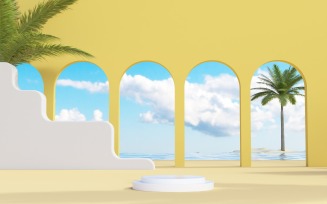 Podium blue sky with tropical trees & yellow background