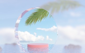 Podium with Palm leaves scene from the round glass window