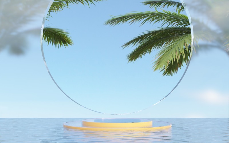 Podium with Palm leaves scene from the round glass window Product Mockup