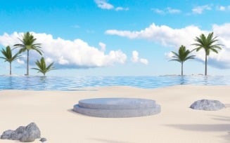 Podium with stones and tropical trees & blue sky background