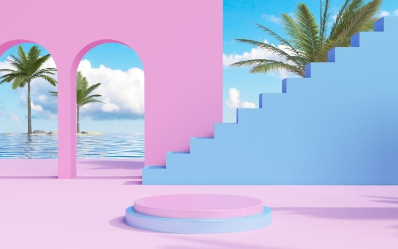 Podium with tropical trees and a blue-pink background Product Mockup
