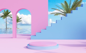 Podium with tropical trees and a blue-pink background
