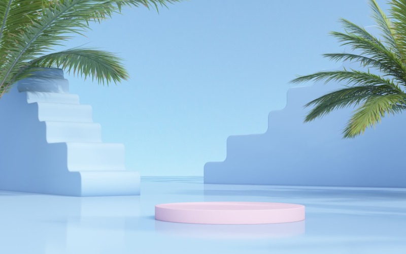 Product Podium stage blue sky with tropical trees background Product Mockup