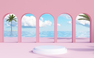 White Podium with arches tropical trees & pink background