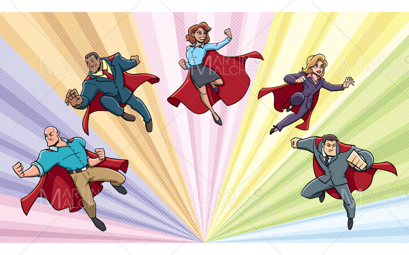 Super Business Heroes Team in Action Vector Illustration Vector Graphic
