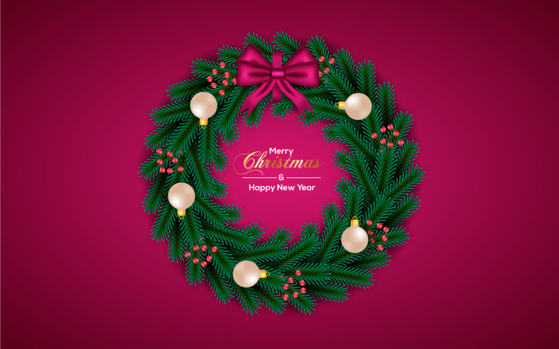 Christmas wreath vector design merry christmas text with christmas ball and star Illustration