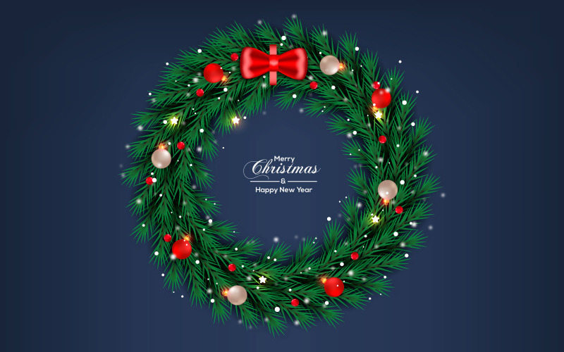 Christmas wreath vector design merry christmas text with christmas ball design Illustration