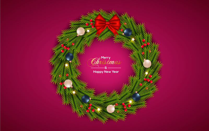 Christmas wreath vector design merry christmas text with star and christmas ball Illustration