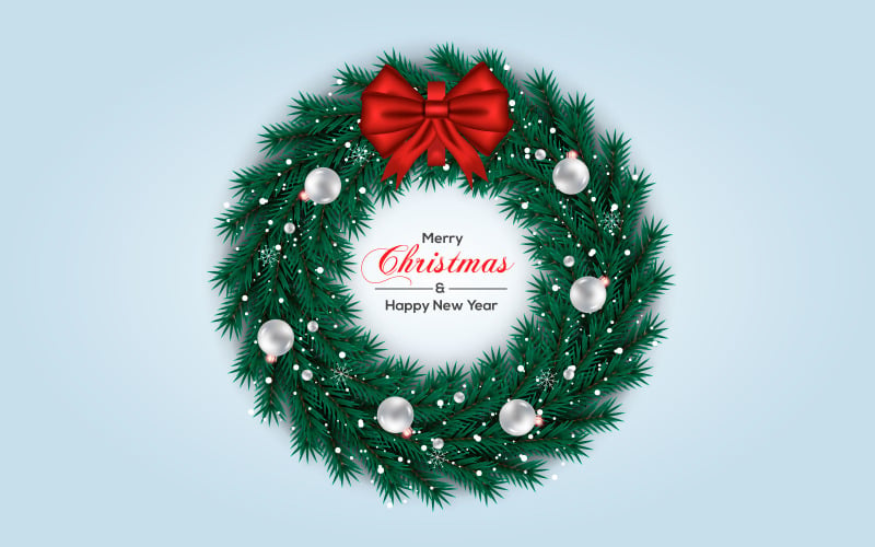 Christmas wreath vector concept design. merry christmas text in grass wreath element with color ball Illustration