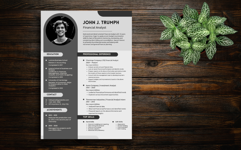 Simple Dark Professional Detailed Financial Analyst Resume Resume Template