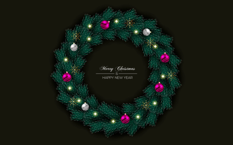 Christmas wreath decorations on color background with pine branches Illustration