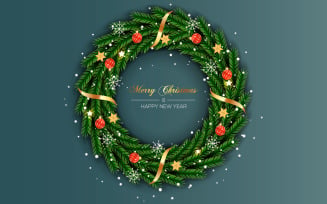 Christmas wreath with decorations color background with pine branch