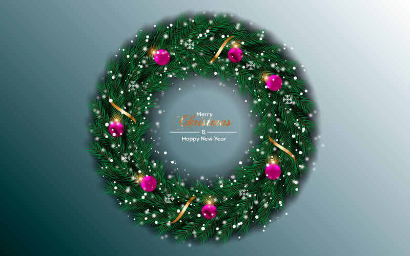 Christmas wreath with decorations isolated on color background with pine branch and ball style Illustration