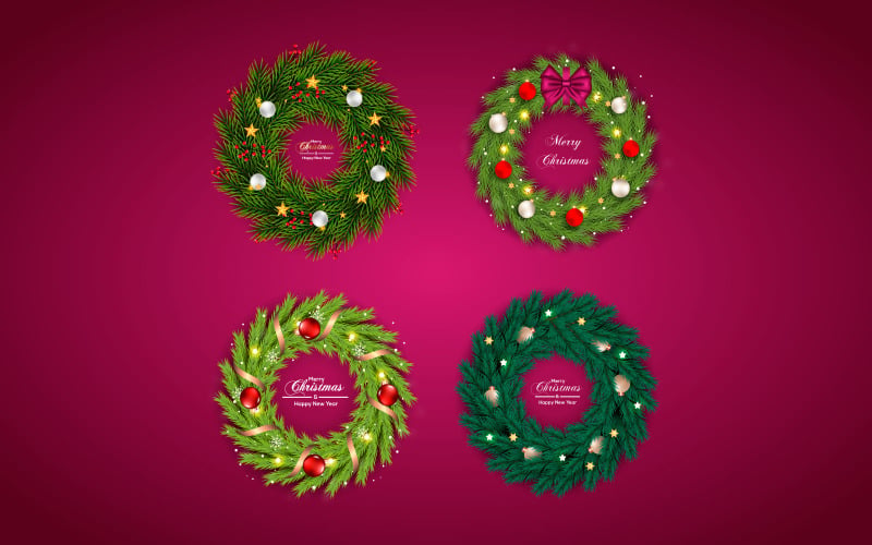 Christmas wreath with decorations on color background with pine branch and star Illustration
