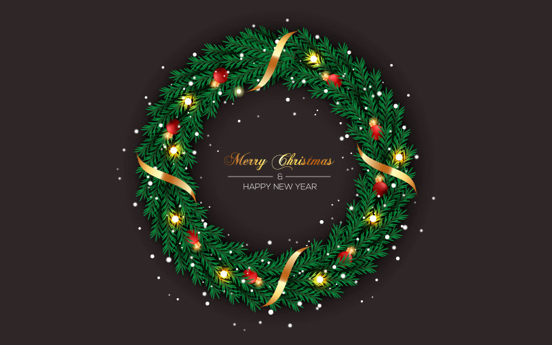 Christmas wreath with decorations on color background with pine branch and stars Illustration