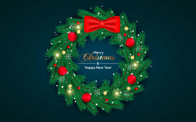 Merry Christmas wreath with decorations background with pine branch and christmas balls Illustration