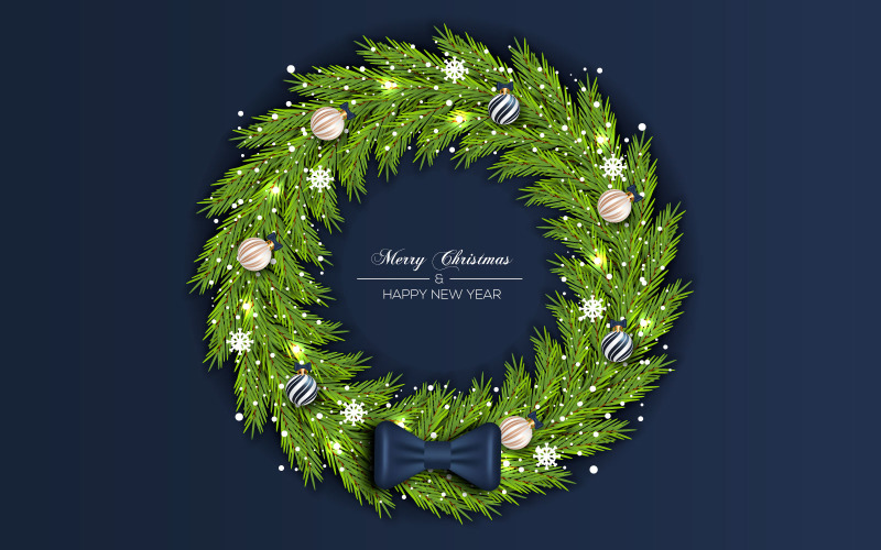 Merry Christmas wreath with decorations isolated on color background with pine branch Illustration